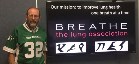 Brian Graham wears Rider jersey with the number 32, representing his 32 years of services to The Lung Association of SK.